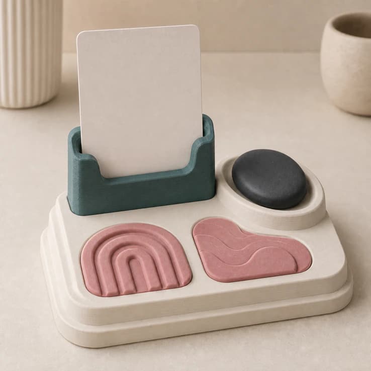 Matte 3D printed memory card object stand with a broad blank slot and shallow object cradle