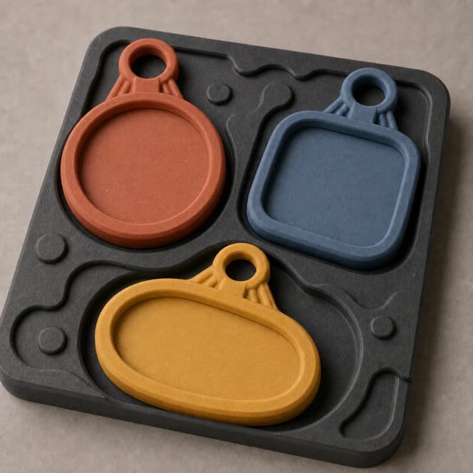 Three oversized matte 3D printed charm frames for flat found objects