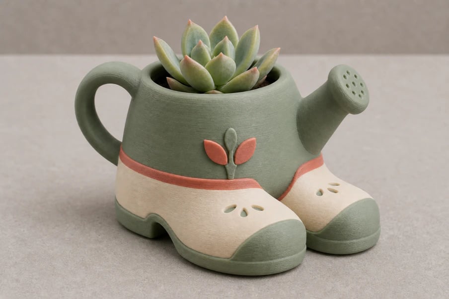 Matte 3D printed garden clogs planter object