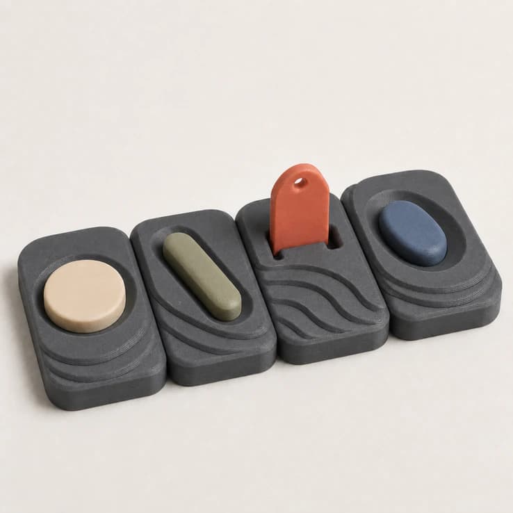 Set of matte 3D printed modular display bases with broad loose wells